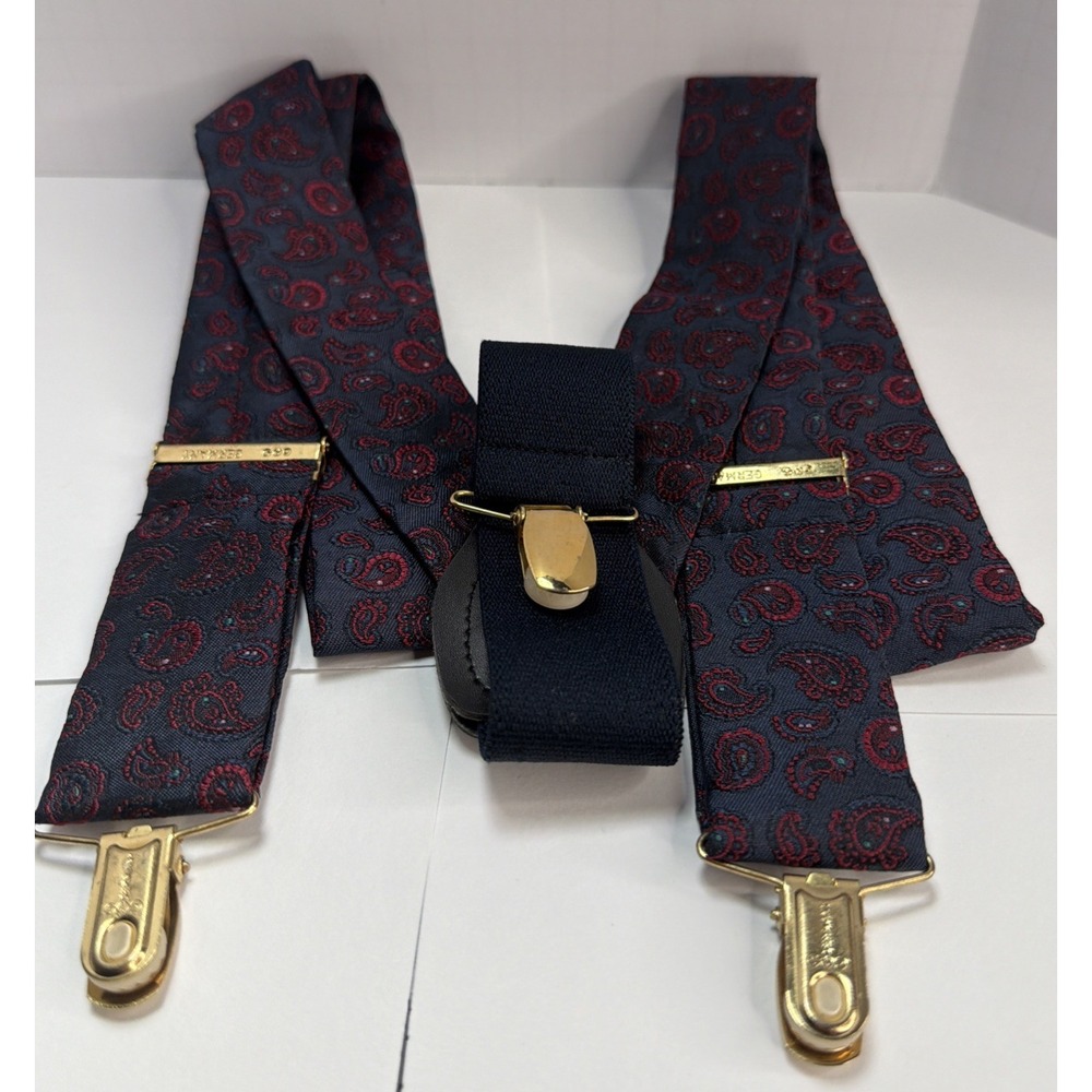 Vintage CAS Germany Men's Suspenders Navy Burgundy Paisley Gold Clip-On Braces